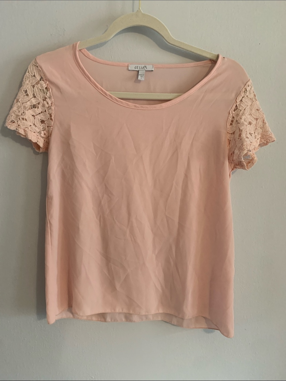 dELiA*s Blush Pink Short-Sleeve Top with Crochet Sleeves